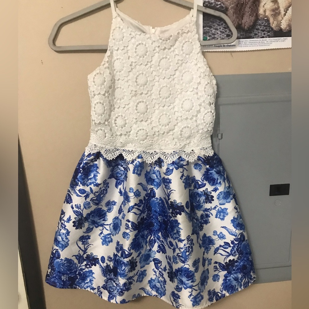 White and Blue Floral Kids Dress - Picture 1 of 7